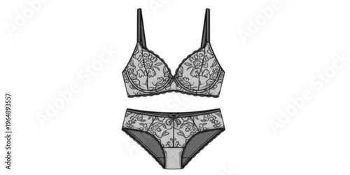 Women lace lingerie technical fashion sketch bra and panties underwear set with scalloped lace trim bow, cad drawing flat vector illustration
