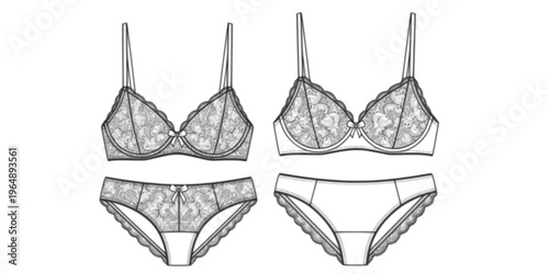 Women lace lingerie technical fashion sketch bra and panties underwear set with scalloped lace trim bow, cad drawing flat vector illustration
