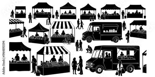 A bustling outdoor farmers market scene with vendors shoppers and food trucks presented as a silhouette on transparent background high quality