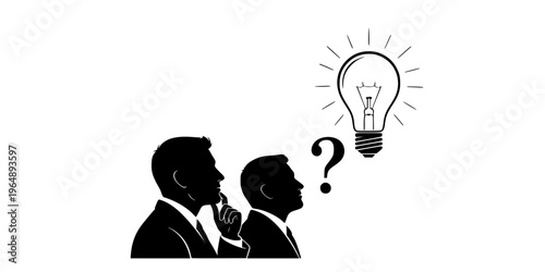 Two men in silhouette contemplate a lightbulb and question mark on transparent background high quality professional detailed modern elegant stylish clean 
