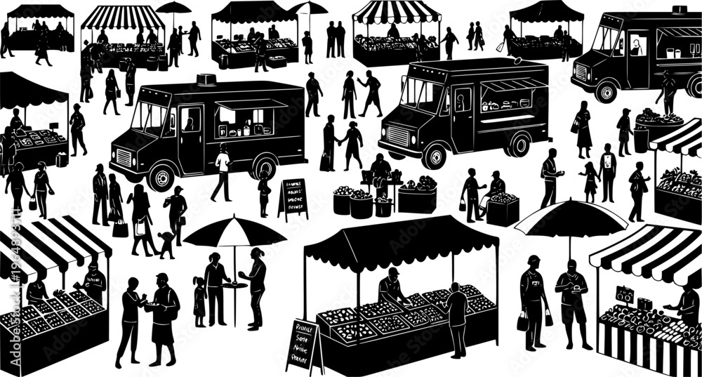 Obraz premium A bustling outdoor farmers market scene with vendors shoppers and food trucks presented as a silhouette on transparent background high quality