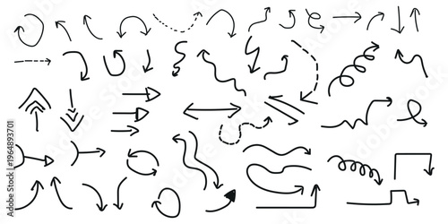 Collection of hand drawn arrows and directional symbols