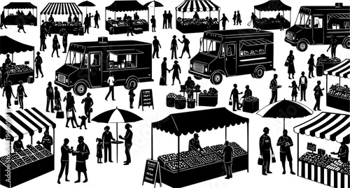 A bustling outdoor farmers market scene with vendors shoppers and food trucks presented as a silhouette on transparent background high quality
