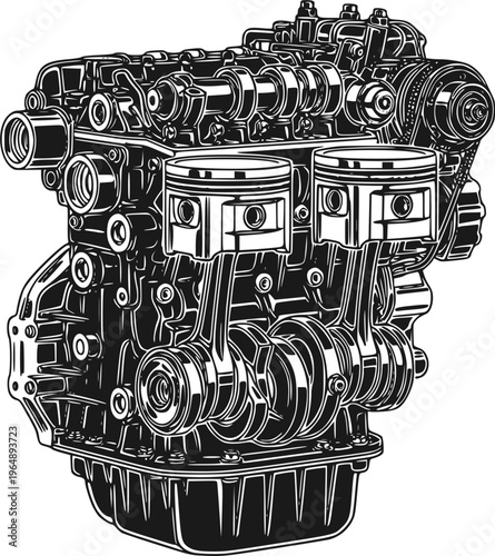 Detailed illustration of an internal combustion engine showcasing complex machinery on transparent background silhouette high quality professional detailed modern elegant stylish