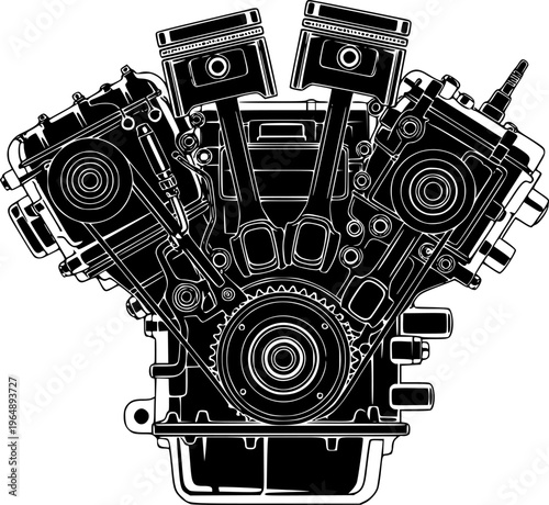 Detailed illustration of an internal combustion engine showcasing complex machinery on transparent background silhouette high quality professional detailed modern elegant stylish