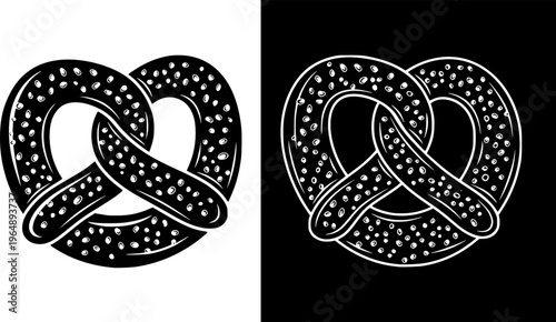 Crispy pretzel icon on white and black background. Traditional pastry for the holiday.

