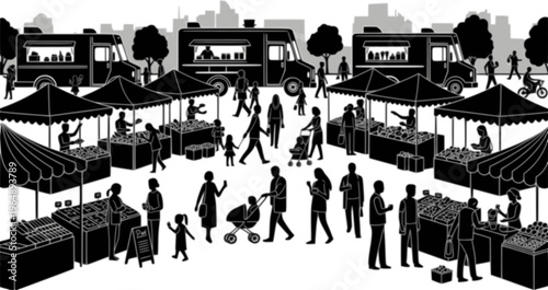 A bustling outdoor farmers market scene with vendors shoppers and food trucks presented as a silhouette on transparent background high quality

