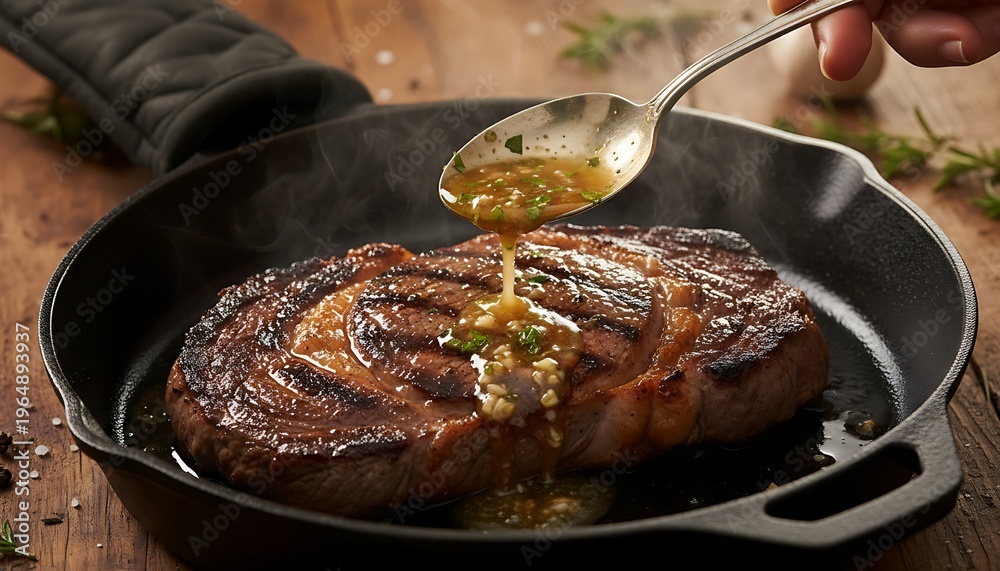 Fototapeta premium Juicy Grilled Steak in Cast Iron Pan with Garlic Butter Drizzle