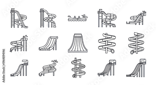 Water Slide Icons Set: Fun Aquatic Amusement Park and Waterpark Attractions