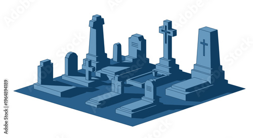 Cemetery Monuments, Gravestones, and Tombs in Isometric View