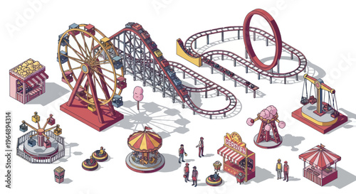Pixel Art Amusement Park Attractions: Rides, Stalls, and Ferris Wheel