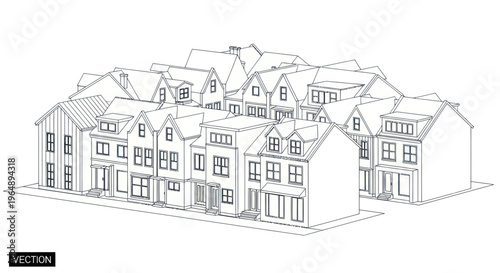 Outline drawing of row houses, suburban neighborhood, architectural sketch, vector illustration