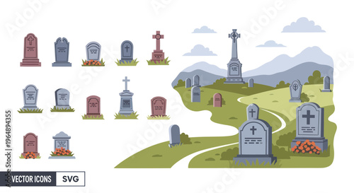 Tombstones and Gravestones Collection: Cemetery Scene & Individual Elements