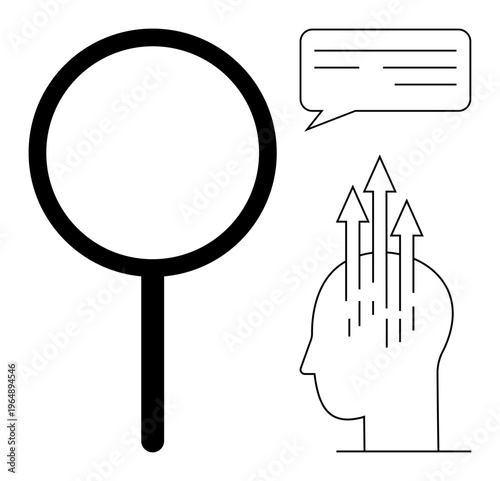 Idea development. A magnifying glass, arrows rising from a head, and a speech bubble analysis, creative thinking, and communication. Ideal for education, innovation, brainstorming critical thinking