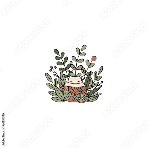 Small terracotta pot with green plants.