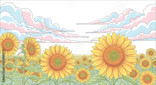 Sunflowers in a field blooming flowers.