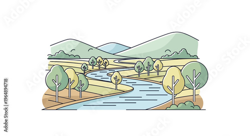 River flowing through landscape with trees.