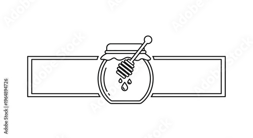A minimalist outline illustration of a honey jar with a dipper dripping sweet golden liquid,