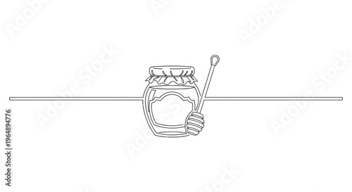 Minimalist continuous line drawing of a honey jar and dipper on a clean white background
