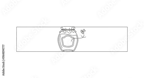 Minimalist line art illustration of a honey jar with a buzzing bee embodying natural sweetness and