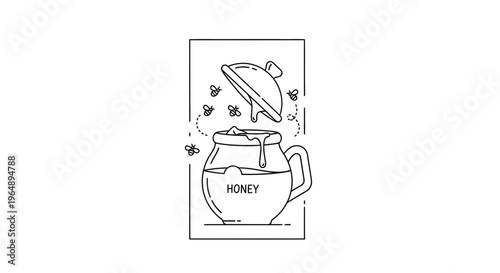 Delightful line art illustration of a beehive honey pot with sweet liquid and buzzing winged insects