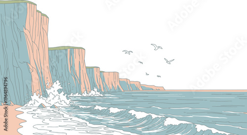 Waves crashing on rocky cliff shore.