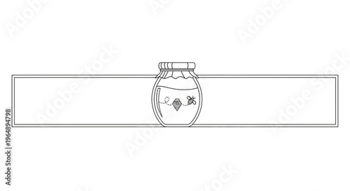 Minimalist line art illustration of a honey jar with a flying bee and a beehive symbol within a