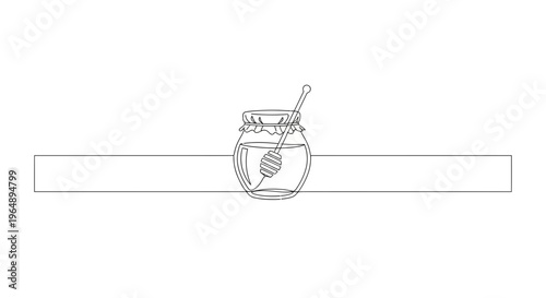 Minimalist continuous line art drawing of a honey jar with a wooden dipper showcasing natural