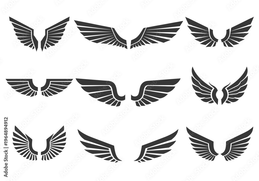 Obraz premium Set of 9 Black Wing Icons and Heraldic Emblems for Logo Design, Aviation Symbols, Bird Wings Vector Graphics, Tribal Tattoo Designs and Freedom Concept Illustrations