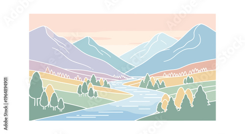 Mountain range landscape with river trees.
