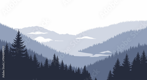 Mountains and trees in landscape scene.