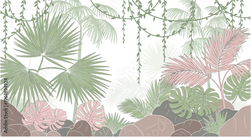 Tropical green palm leaves illustration.