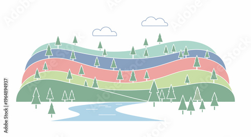 Colorful illustration of layered landscape.