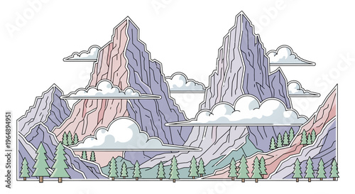 Colorful illustration of mountain peaks landscape.