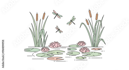 Dragonflies flying over water lilies pond.