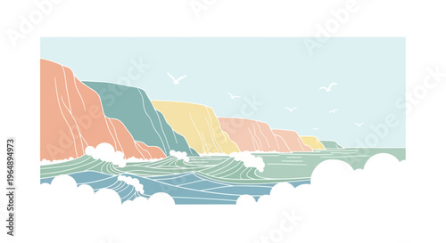 Waves crash against rocky cliff shore.