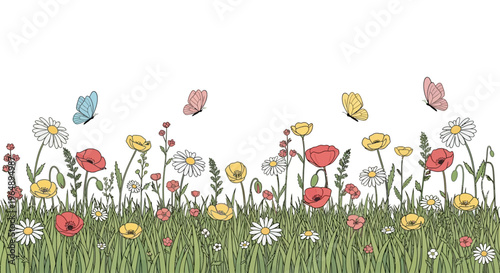 Colorful butterflies flying over flowers.