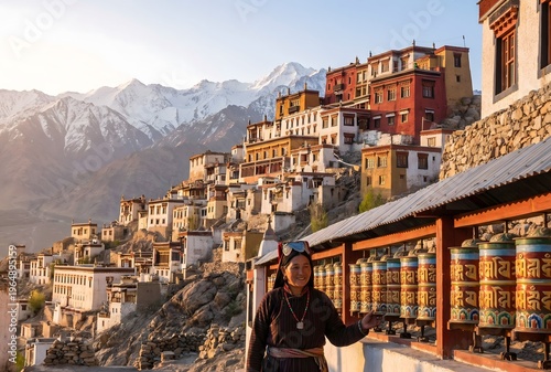 A vibrant, atmospheric photograph captured at sunrise at the Thiksey Monastery in Ladakh, India. The monastery's multi-tiered, colorful structures cling to a hillside against a backdrop.