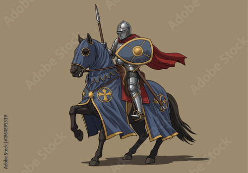 Medieval Knight in Full Plate Armor Riding a Warhorse with Spear and Shield