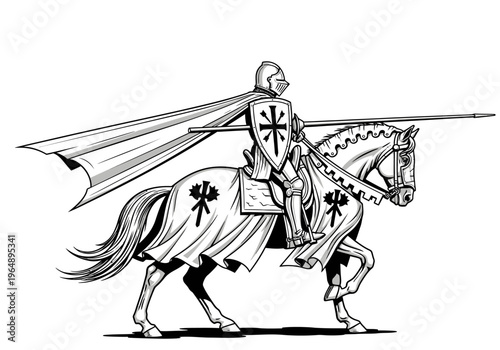 Medieval Knight in Full Armor Riding a Warhorse with Lance and Shield, Noble Paladin Vector Illustration Isolated on White
