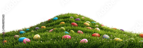 A vibrant green grassy hill filled with numerous brightly colored and intricately patterned easter eggs, scattered among small white wildflowers, creating a joyful and festive spring scene 