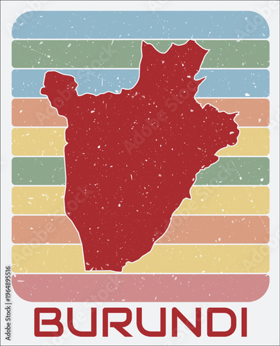Burundi vintage logo. Shape of the country on retro colored stripes background. Burundi map design with grunge scratch texture. Vector illustration.