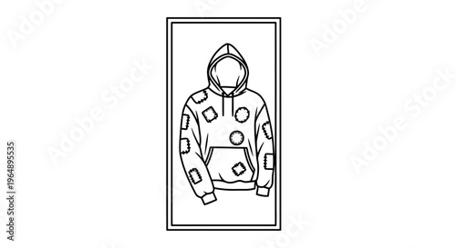 Black and white vector illustration of a patched hoodie, casual apparel graphic design