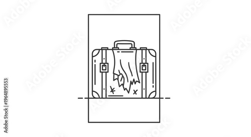 Stylized linear graphic of a forgotten, tattered suitcase, hinting at stories of past voyages