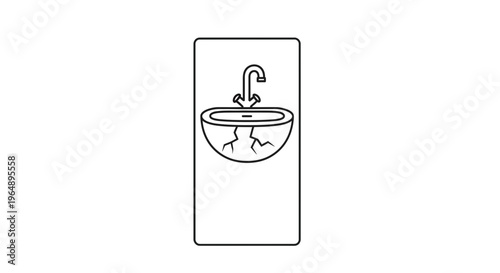 Conceptual line drawing of a damaged ceramic basin with a leaking tap representing water waste and