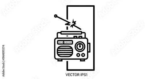 Minimalist line art icon of a vintage radio with a prominent antenna receiving an energetic signal