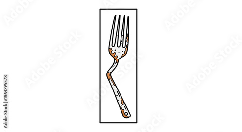 Whimsical illustration of a used and bent dining fork showing food remnants ready for cleaning