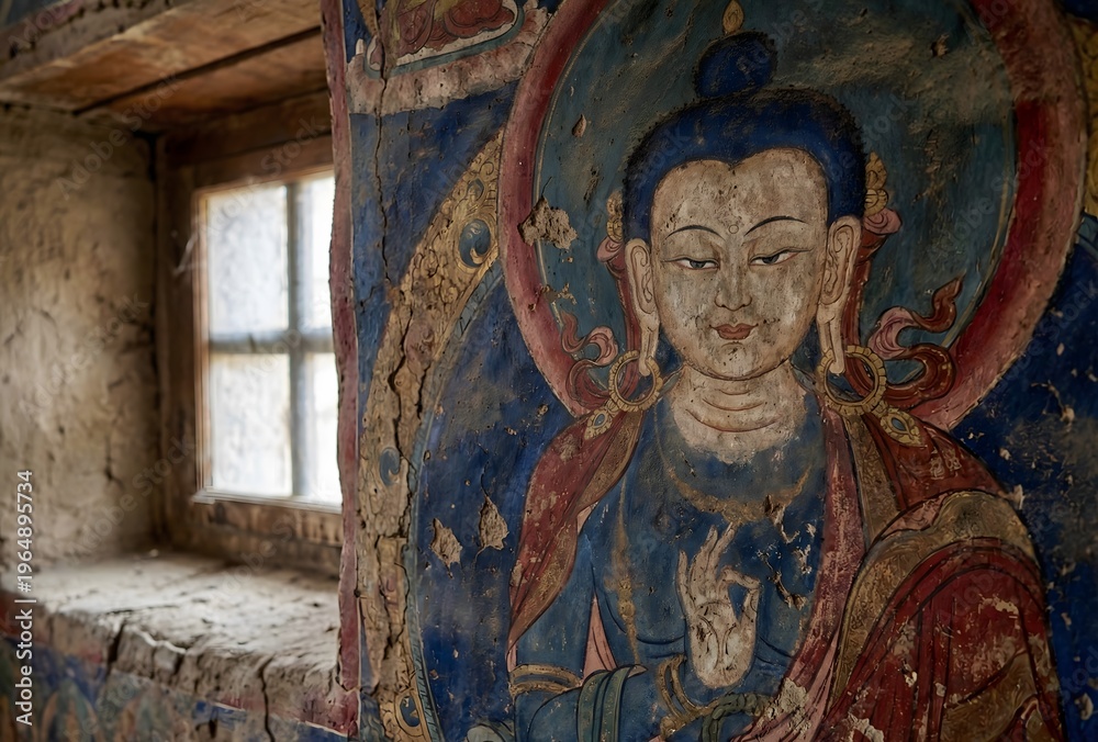 Obraz premium An intimate, highly textured, close-up photograph of the ancient, vibrant Buddhist thangka paintings and murals on the mud-brick walls of the Tabo Monastery, Himachal Pradesh, India. 