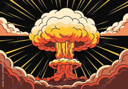 Retro Pop Art Mushroom Cloud Nuclear Explosion Illustration. Atomic Bomb Blast Concept in Vintage Comic Style with Bold Lines and Action Rays.