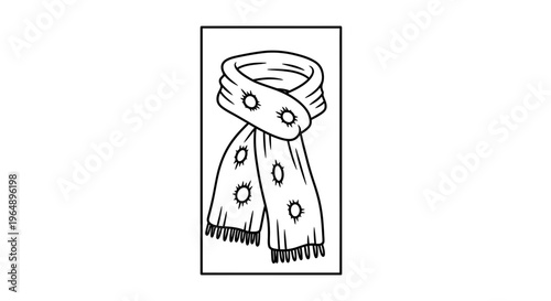 Artistic black and white line drawing of a warmly wrapped neck scarf featuring unique circular
